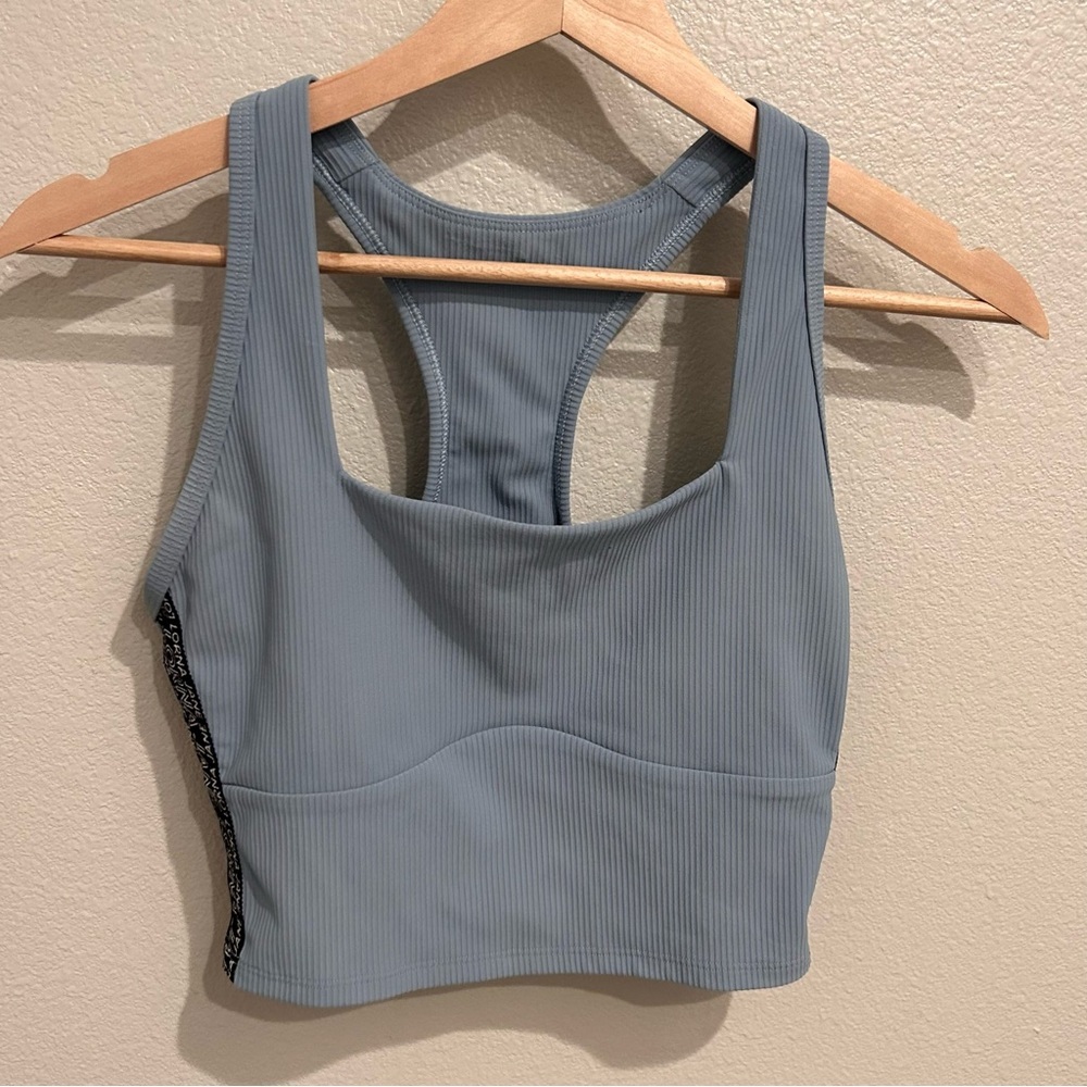 Lorna Jane Crop Tank Top Womens XS Blue Ribbed Racerback‎ Logo Tape Activewear